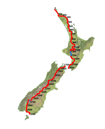 Map of the Te Araroa route through New Zealand
